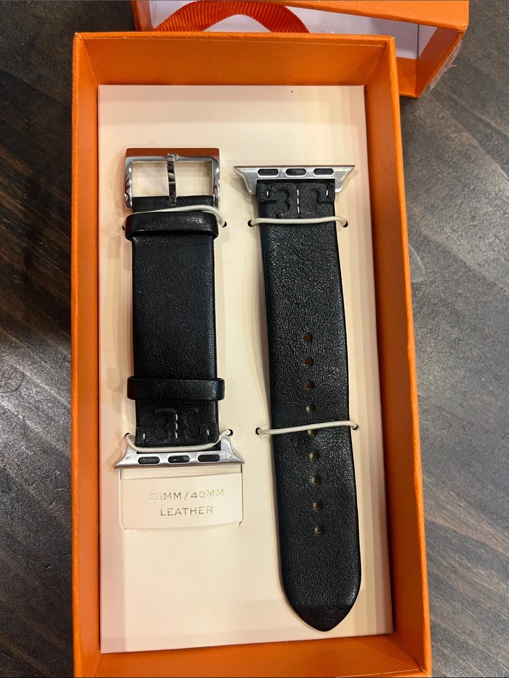 Tory Burch Black Leather Apple Watch Band with Silver Hardware